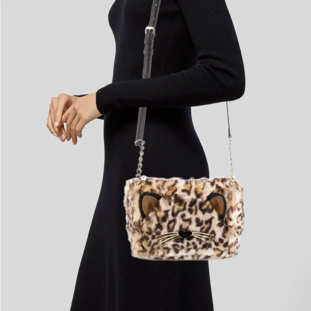 Kate Spade Run Wild Leopard Print Faux Fur Muff Cat Crossbody Bag - Picture 2 of 16